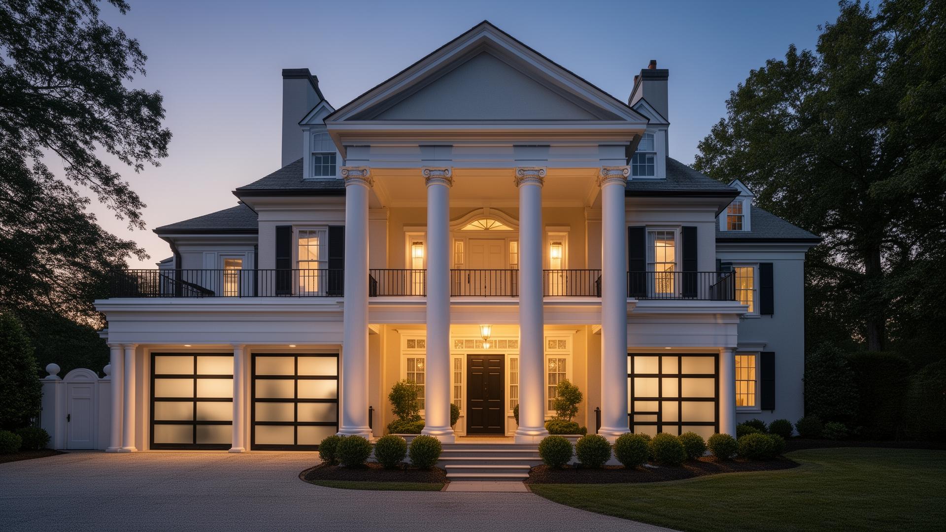 Elegant Georgian mansion with modern glass and aluminum garage doors at twilight
